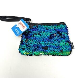 Staples Sequins Zippered Makeup Travel Pouch Green Blue Gradient 6 x 4.5 NEW